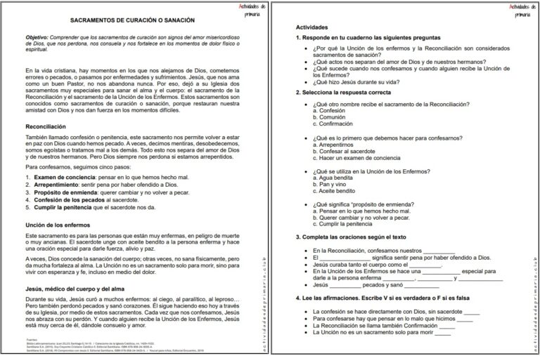Ficha imprimible sobre sacramentos de curación o sanación para religión de quinto grado.