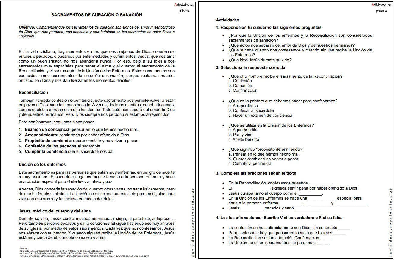 Ficha imprimible sobre sacramentos de curación o sanación para religión de quinto grado.