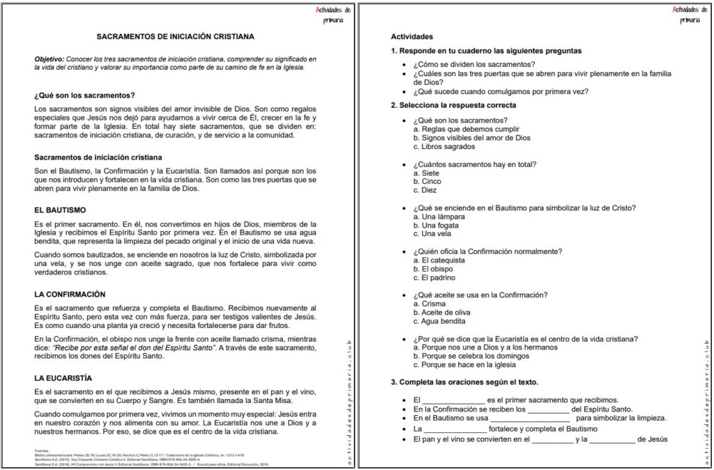 Ficha imprimible sobre los sacramentos de iniciación cristiana para religión de quinto grado.