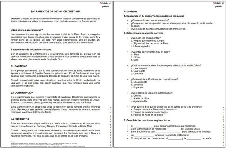 Ficha imprimible sobre los sacramentos de iniciación cristiana para religión de quinto grado.