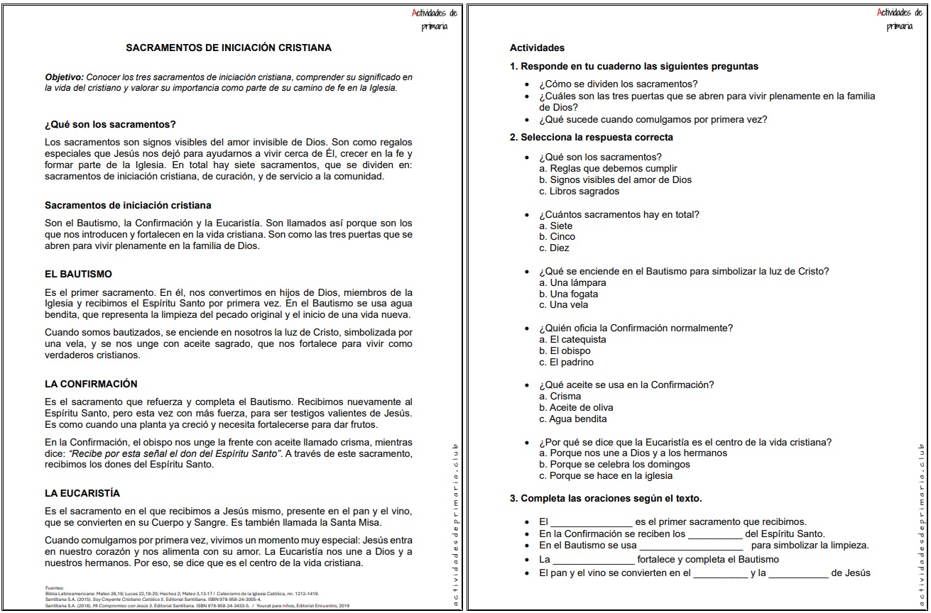 Ficha imprimible sobre los sacramentos de iniciación cristiana para religión de quinto grado.