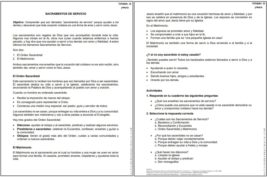 Ficha imprimible sobre sacramentos de servicio para religión de quinto grado.