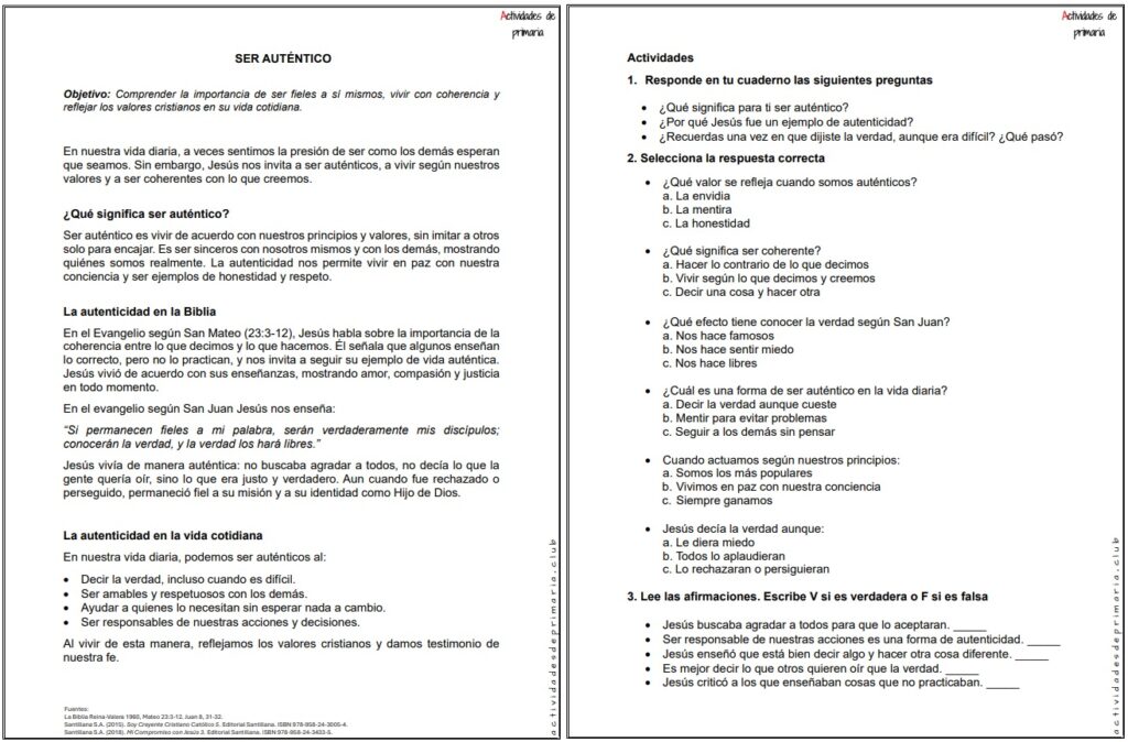 Ficha imprimible sobre ser auténtico para religión de quinto grado.