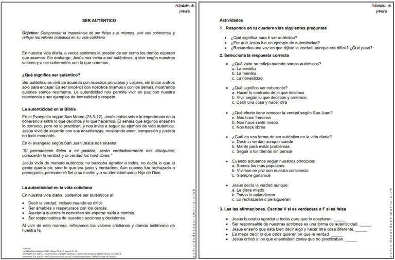 Ficha imprimible sobre ser auténtico para religión de quinto grado.