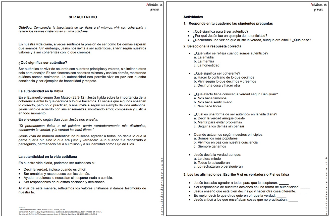 Ficha imprimible sobre ser auténtico para religión de quinto grado.