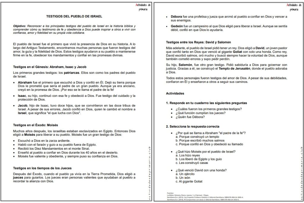 Ficha imprimible sobre testigos del pueblo de Israel para religión de quinto grado.