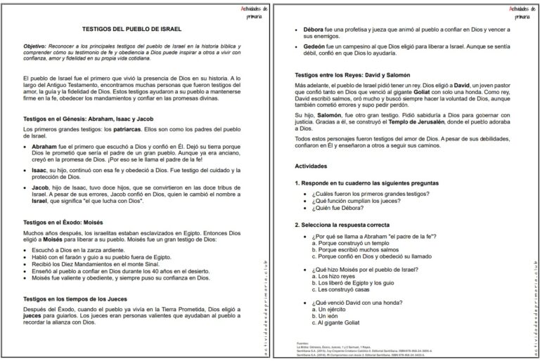 Ficha imprimible sobre testigos del pueblo de Israel para religión de quinto grado.