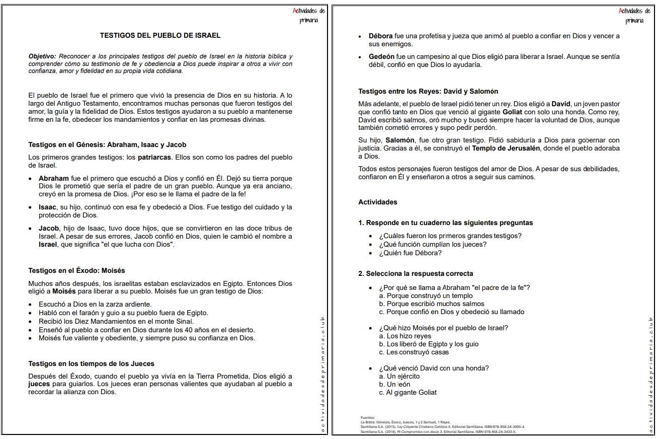 Ficha imprimible sobre testigos del pueblo de Israel para religión de quinto grado.