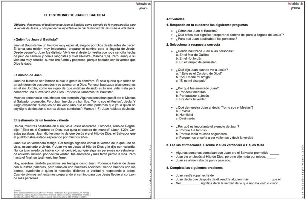 Ficha imprimible sobre el testimonio de Juan el Bautista para religión de quinto grado.