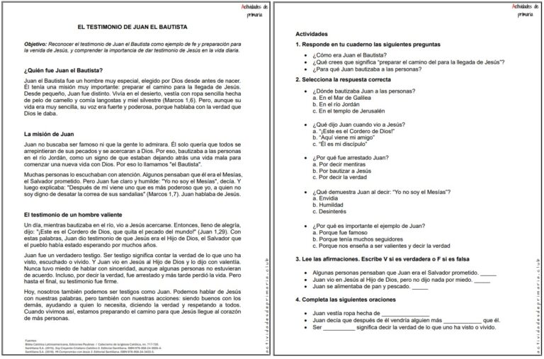 Ficha imprimible sobre el testimonio de Juan el Bautista para religión de quinto grado.