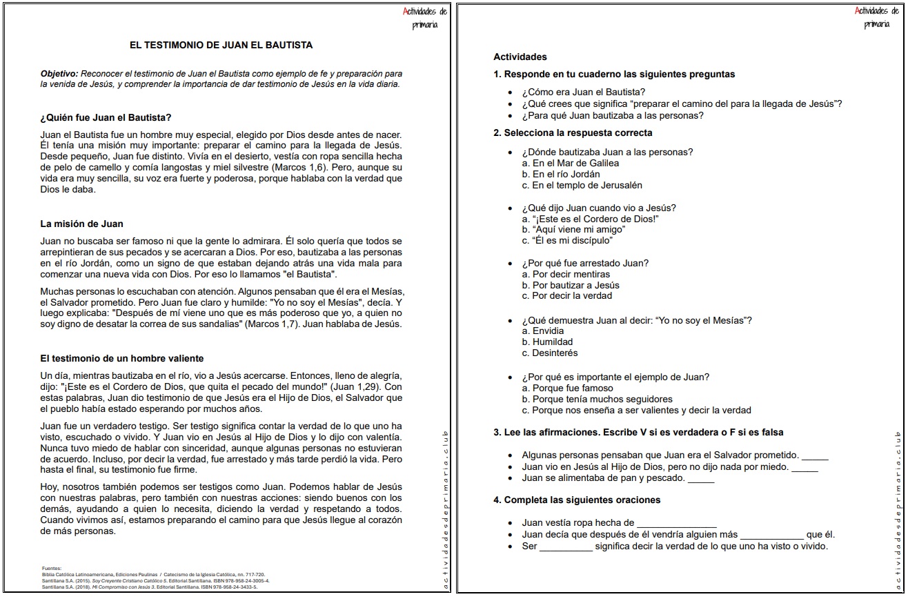 Ficha imprimible sobre el testimonio de Juan el Bautista para religión de quinto grado.