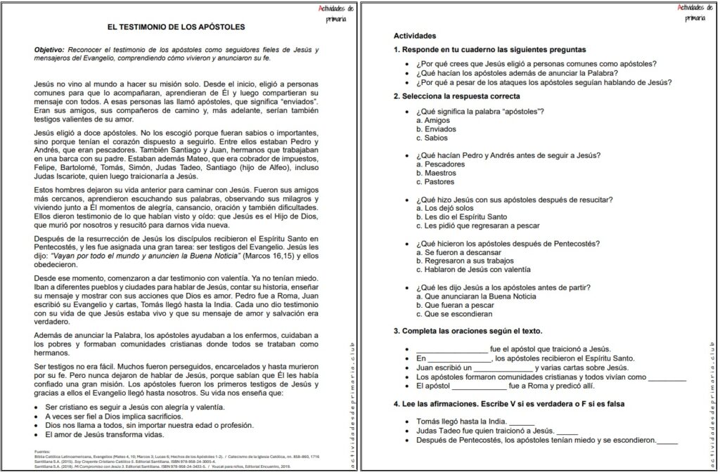 Ficha imprimible sobre el testimonio de los apóstoles para religión de quinto grado.