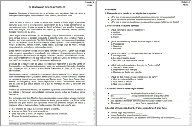 Ficha imprimible sobre el testimonio de los apóstoles para religión de quinto grado.