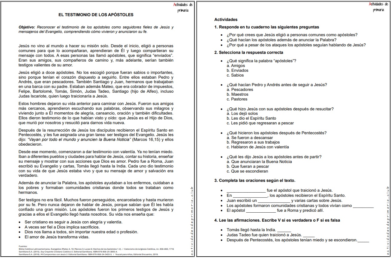 Ficha imprimible sobre el testimonio de los apóstoles para religión de quinto grado.