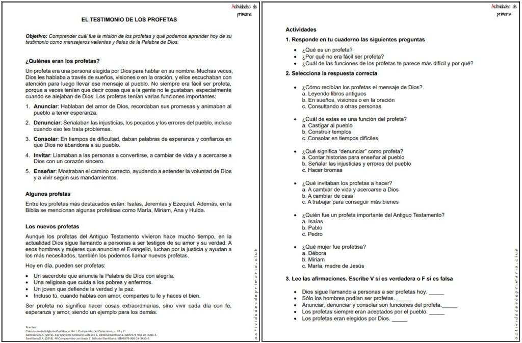 Ficha imprimible sobre el testimonio de los profetas para religión de quinto grado.