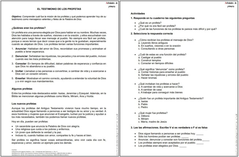 Ficha imprimible sobre el testimonio de los profetas para religión de quinto grado.