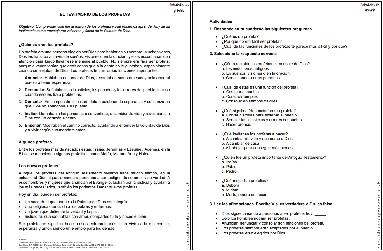 Ficha imprimible sobre el testimonio de los profetas para religión de quinto grado.