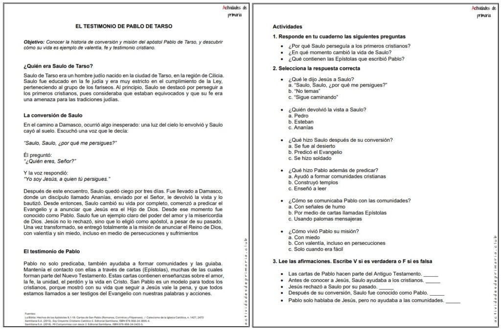 Ficha imprimible sobre el testimonio de Pablo de Tarso para religión de quinto grado.