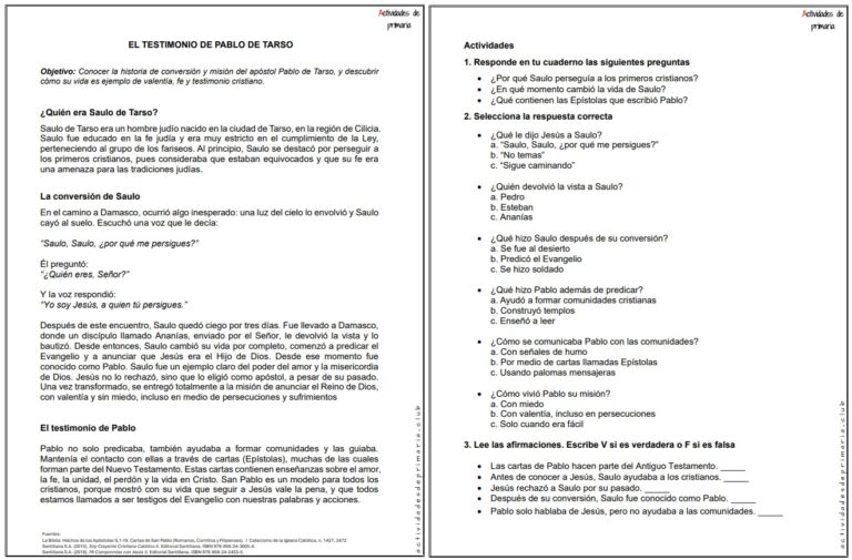 Ficha imprimible sobre el testimonio de Pablo de Tarso para religión de quinto grado.