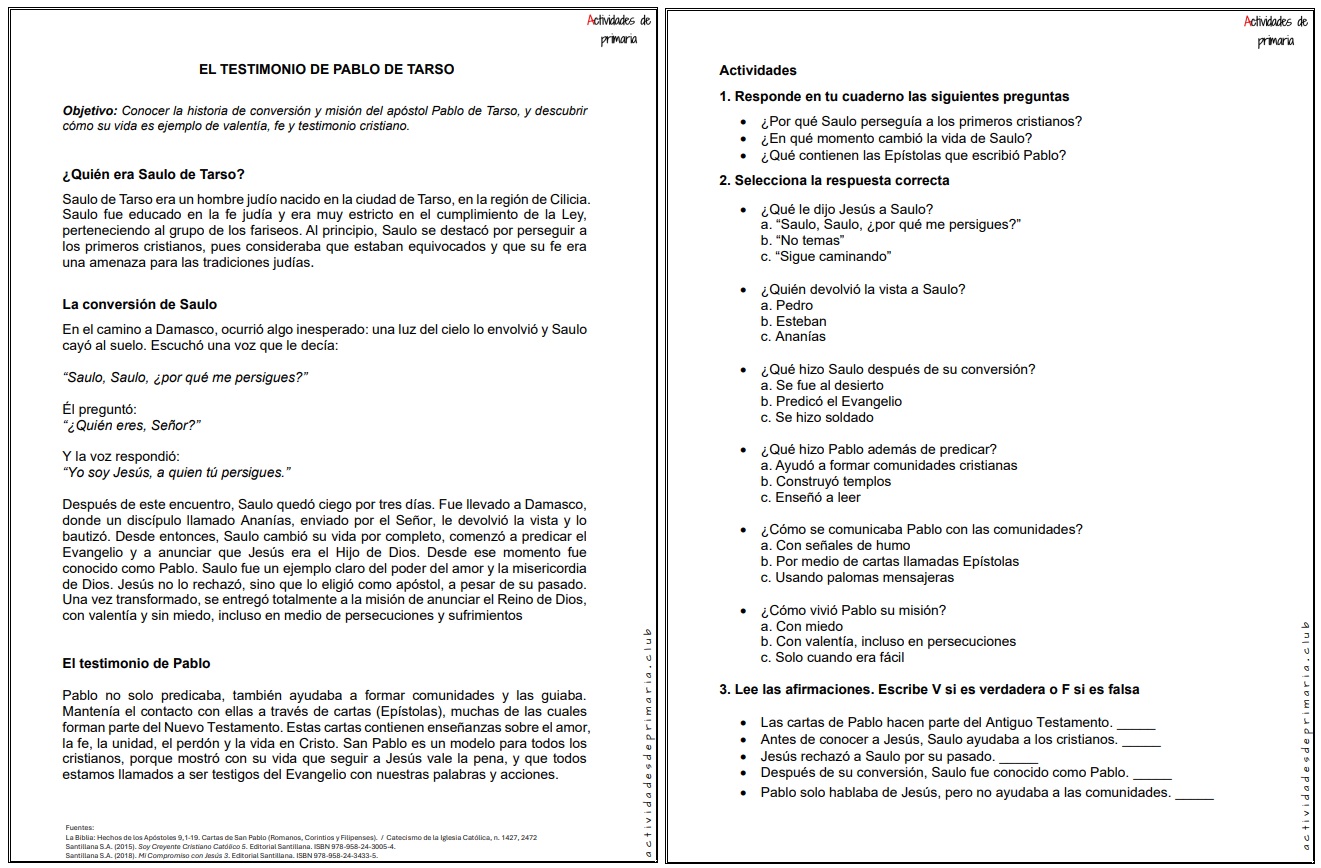 Ficha imprimible sobre el testimonio de Pablo de Tarso para religión de quinto grado.
