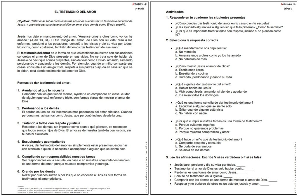 Ficha imprimible sobre el testimonio del amor, para religión de quinto grado.