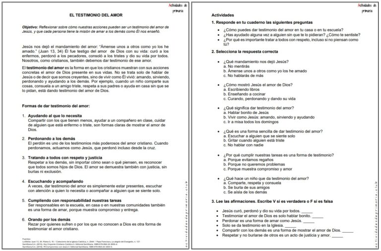 Ficha imprimible sobre el testimonio del amor, para religión de quinto grado.