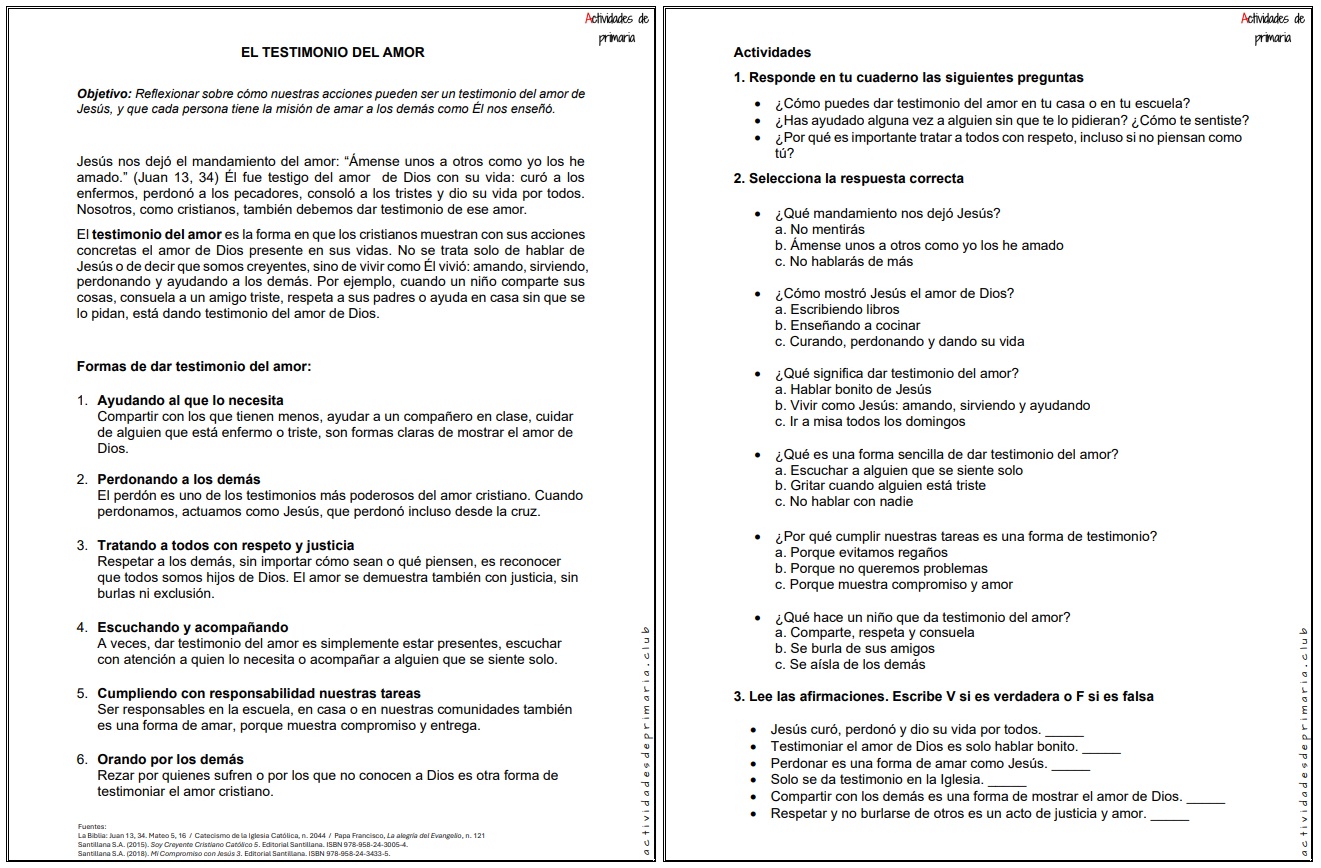 Ficha imprimible sobre el testimonio del amor, para religión de quinto grado.