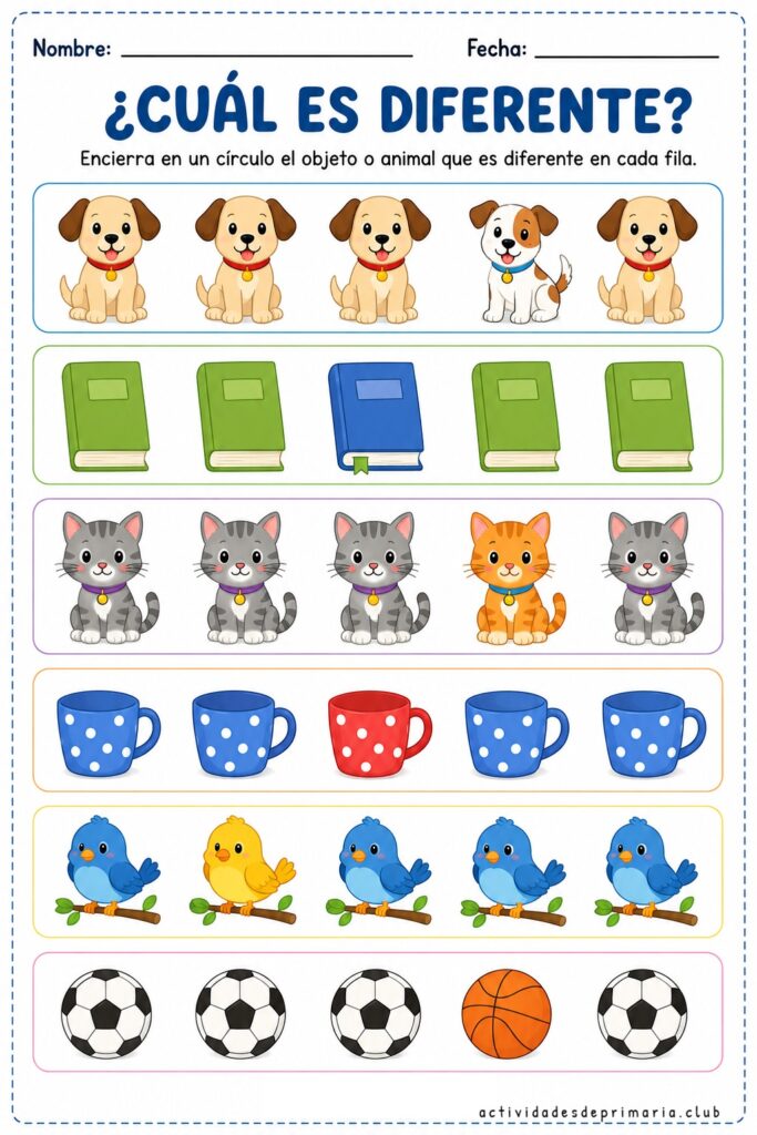 Actividad imprimible a color “Encierra el diferente” para niños de preescolar y primaria con ejercicios de discriminación visual.