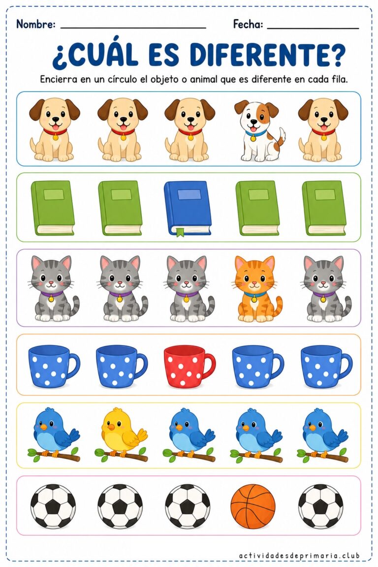 Actividad imprimible a color “Encierra el diferente” para niños de preescolar y primaria con ejercicios de discriminación visual.