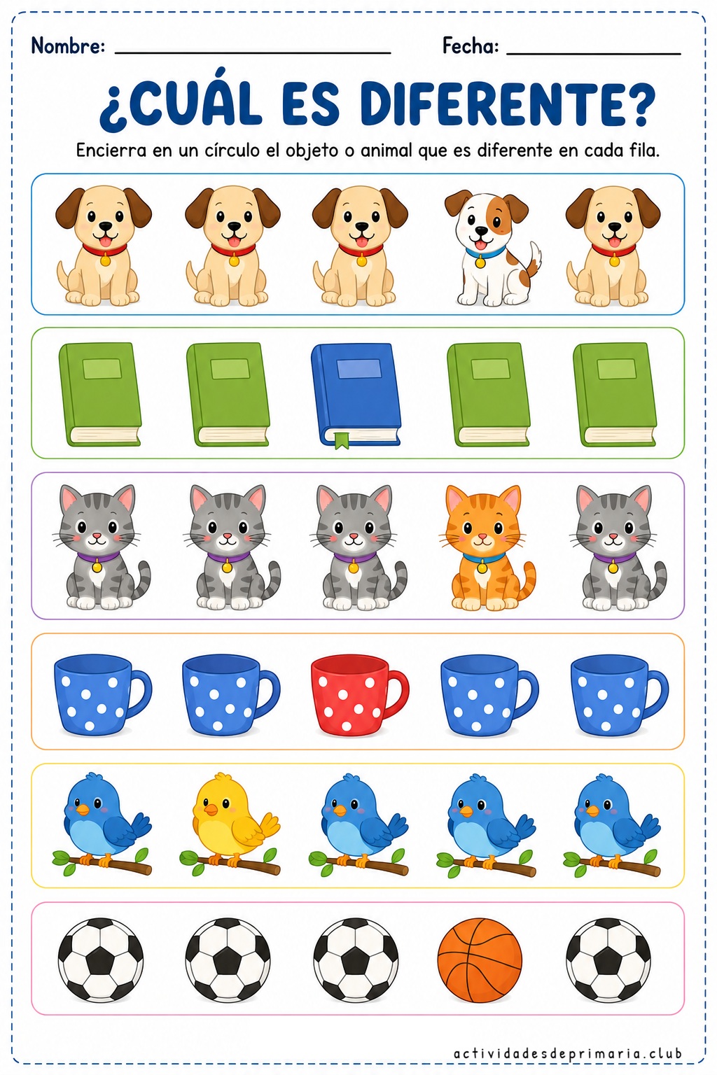 Actividad imprimible a color “Encierra el diferente” para niños de preescolar y primaria con ejercicios de discriminación visual.