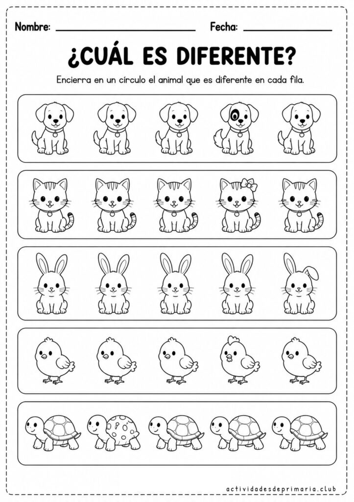 Actividad imprimible en blanco y negro “Encierra el diferente” para niños de preescolar y primaria con ejercicios de discriminación visual.