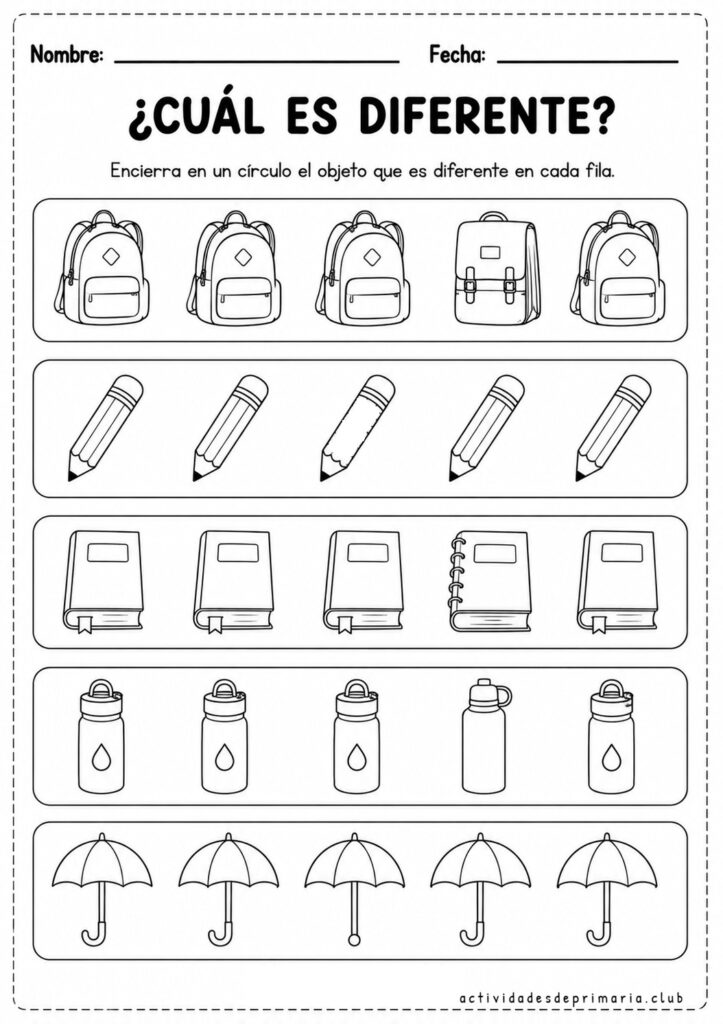 Actividad imprimible en blanco y negro “Encierra el diferente” para niños de preescolar y primaria con ejercicios de discriminación visual.