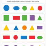 Ficha educativa infantil para preescolar y primaria con figuras geométricas de colores. Los niños deben encerrar las figuras que se parecen al modelo mostrado a la izquierda en cada fila. Incluye círculos, cuadrados, triángulos, rectángulos y óvalos.