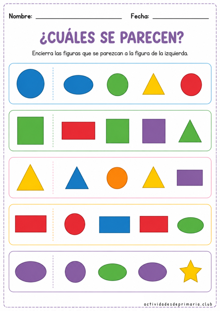 Ficha educativa infantil para preescolar y primaria con figuras geométricas de colores. Los niños deben encerrar las figuras que se parecen al modelo mostrado a la izquierda en cada fila. Incluye círculos, cuadrados, triángulos, rectángulos y óvalos.