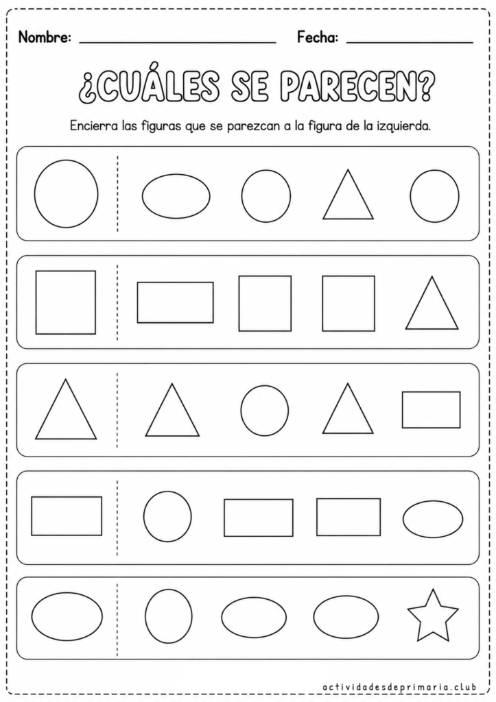 Ficha educativa infantil, a blanco y negro, para preescolar y primaria con figuras geométricas. Los niños deben encerrar las figuras que se parecen al modelo mostrado a la izquierda en cada fila. Incluye círculos, cuadrados, triángulos, rectángulos y óvalos.