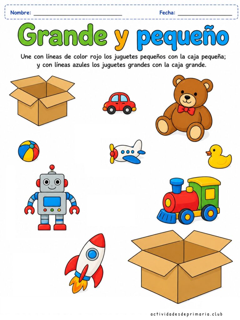 Actividad grande y pequeño para clasificar juguetes según su tamaño