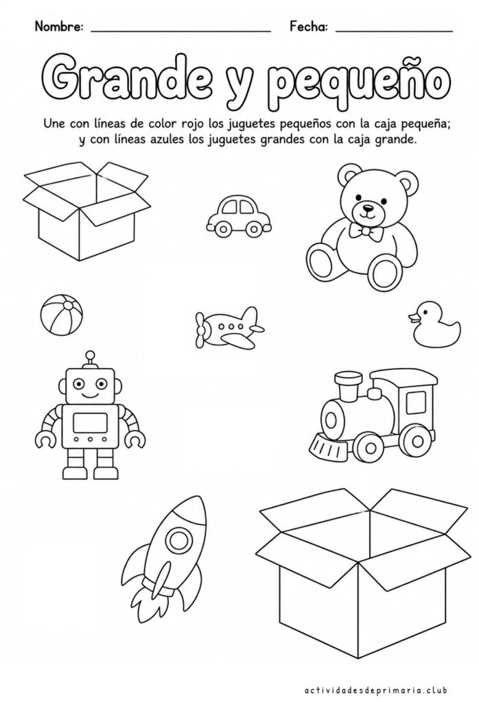 Actividad grande y pequeño para clasificar juguetes según su tamaño. En blanco y negro.