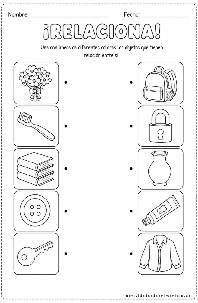 Actividad escolar, en blanco y negro, para relacionar objetos que tienen conexión entre sí