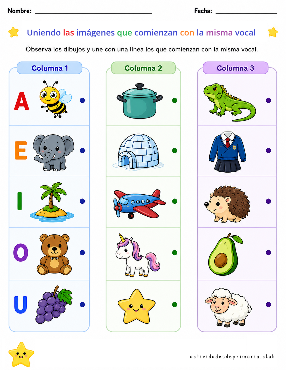 Actividad para unir imágenes que comienzan con la misma vocal