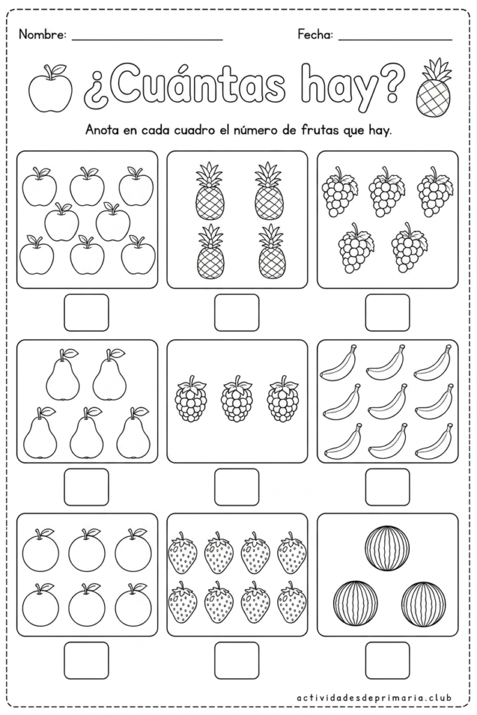 Actividad de conteo de frutas para niños con grupos de manzanas, piñas, uvas, peras, moras, bananas, naranjas, fresas y sandías para escribir la cantidad correcta. A blanco y negro