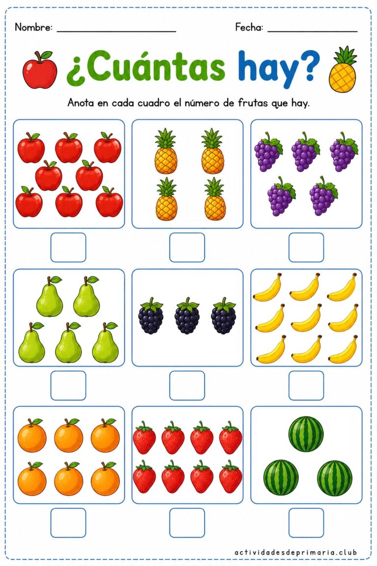 Actividad de conteo de frutas para niños con grupos de manzanas, piñas, uvas, peras, moras, bananas, naranjas, fresas y sandías para escribir la cantidad correcta.