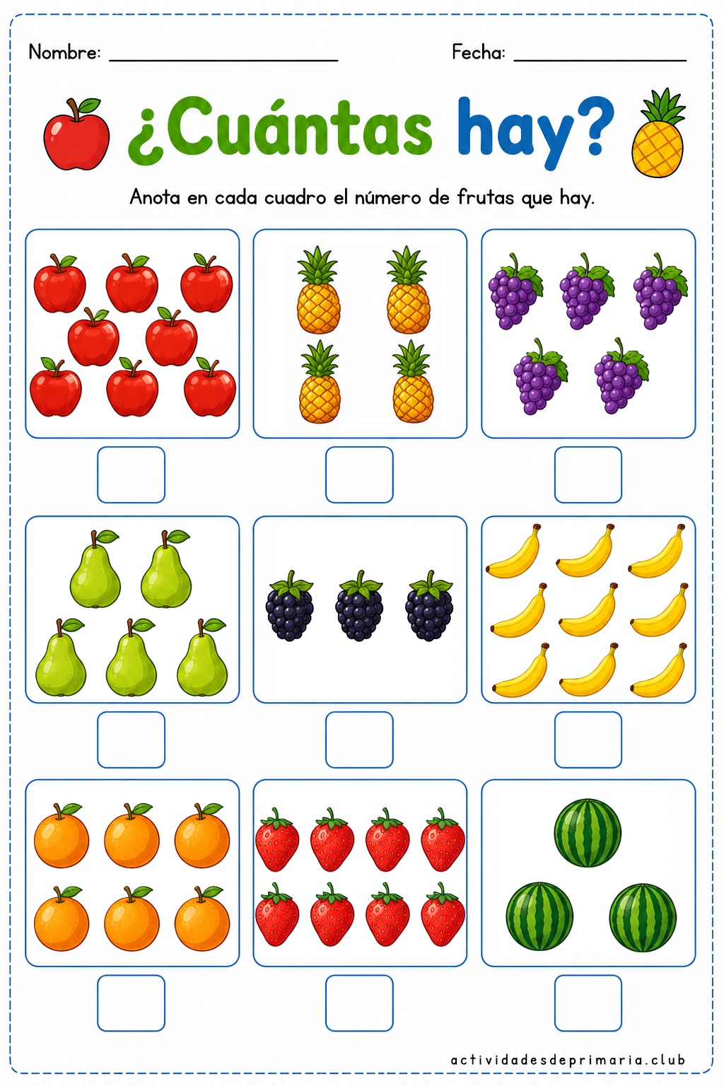 Actividad de conteo de frutas para niños con grupos de manzanas, piñas, uvas, peras, moras, bananas, naranjas, fresas y sandías para escribir la cantidad correcta.