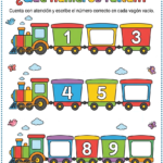 Actividad que consiste en escribir el número que falta para niños de primaria, con trenes y secuencias numéricas para completar.