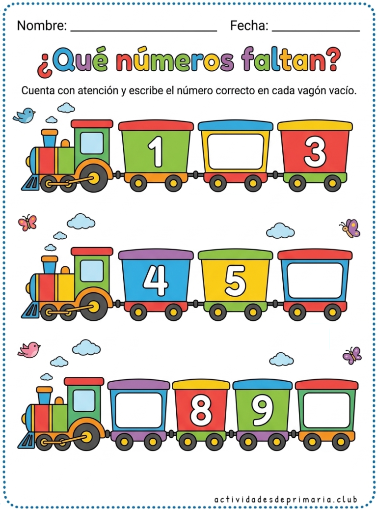 Actividad que consiste en escribir el número que falta para niños de primaria, con trenes y secuencias numéricas para completar.