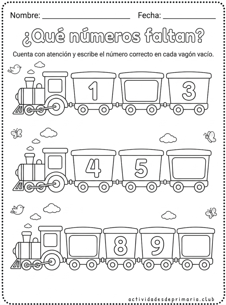 Actividad en blanco y negro que consiste en escribir el número que falta para niños de primaria, con trenes y secuencias numéricas para completar.