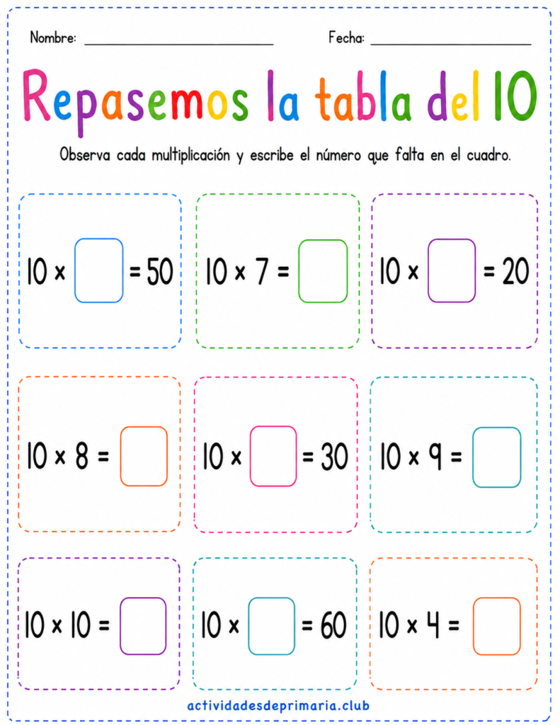 Repasemos la tabla del 10. Hoja de trabajo imprimible para niños de primaria.