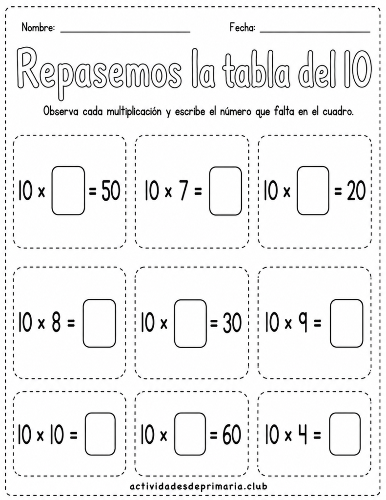 Repasemos la tabla del 10. Blanco y negro para colorear. Hoja de trabajo imprimible para niños de primaria.