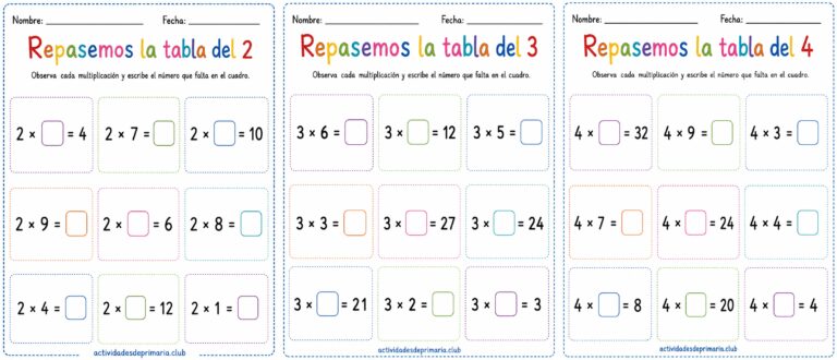 Repasemos las tablas de multiplicar. Tablas del 2-3-4. Hoja de trabajo imprimible para niños de primaria.