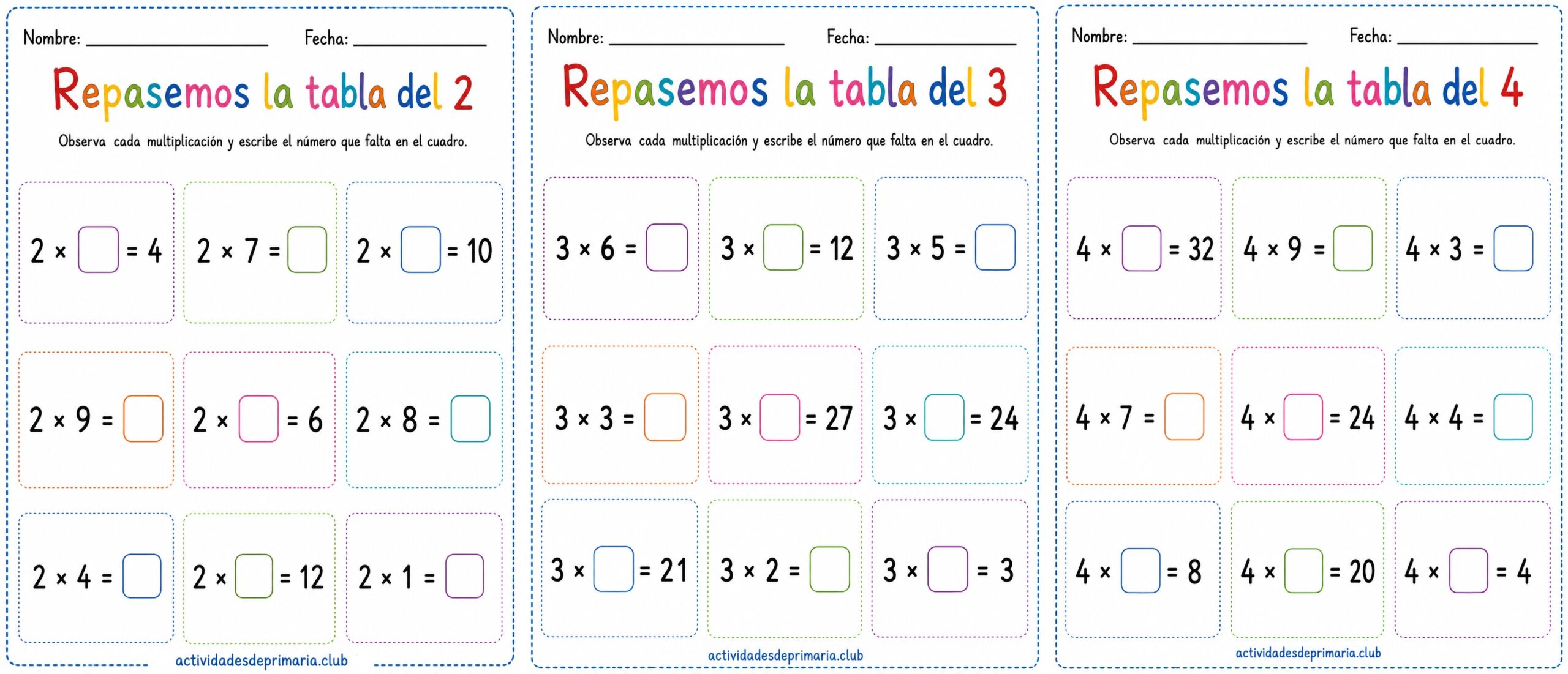 Repasemos las tablas de multiplicar. Tablas del 2-3-4. Hoja de trabajo imprimible para niños de primaria.