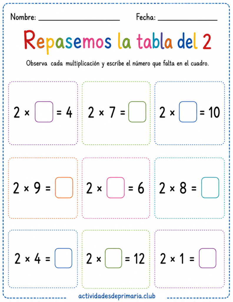 Repasemos la tabla del 2. Hoja de trabajo imprimible para niños de primaria.